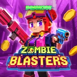 Tampilan visual slot Zombie Blasters dengan gaya retro arcade dan grid 6x5